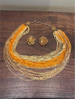 Vintage Yellow, Gold, Orange Glass Beaded Necklace & Earring Set